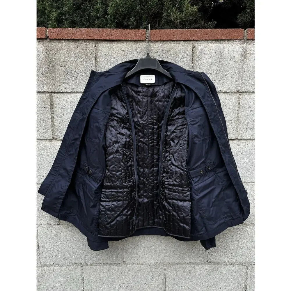 GUCCI Cotton Blend Leather Washed Gabardine Jacket Blue Sz 48 US 38